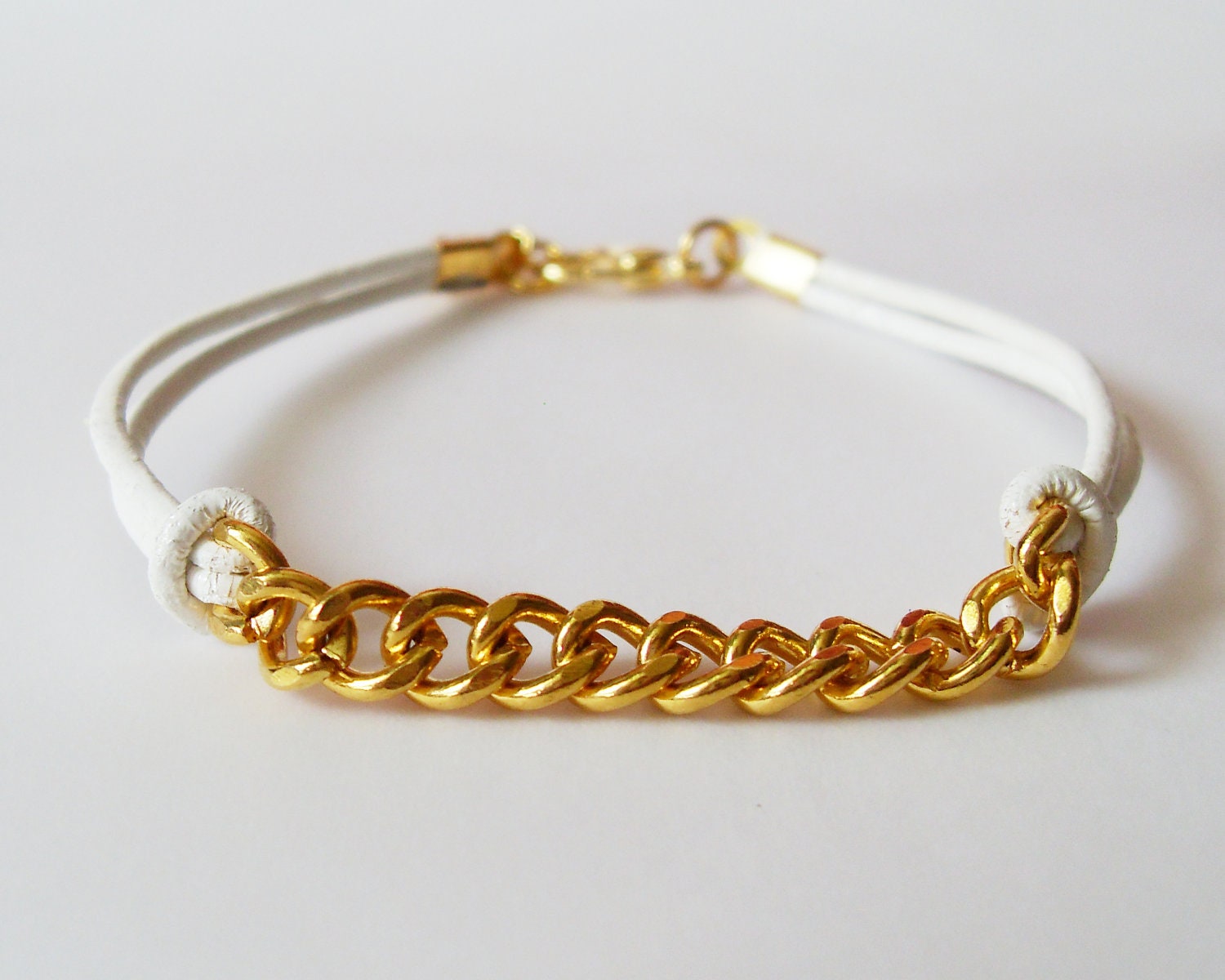 White Leather Chain Bracelet - White Leather Bracelet with Gold Chain