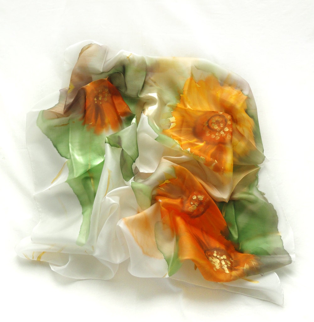 Women Scarf. Hand Painted square Silk Scarf. Orange, Yellow, Green Shawl. Handmade in Europe. 35x35 in. (90x90cm). Ready to Ship.