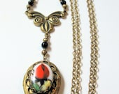 Antique Locket Necklace Brass Porcelain Cabachon