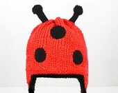 Ladybug Earflap Hat, Black and Red Knit and Crochet Beanie, send size choice baby - adult