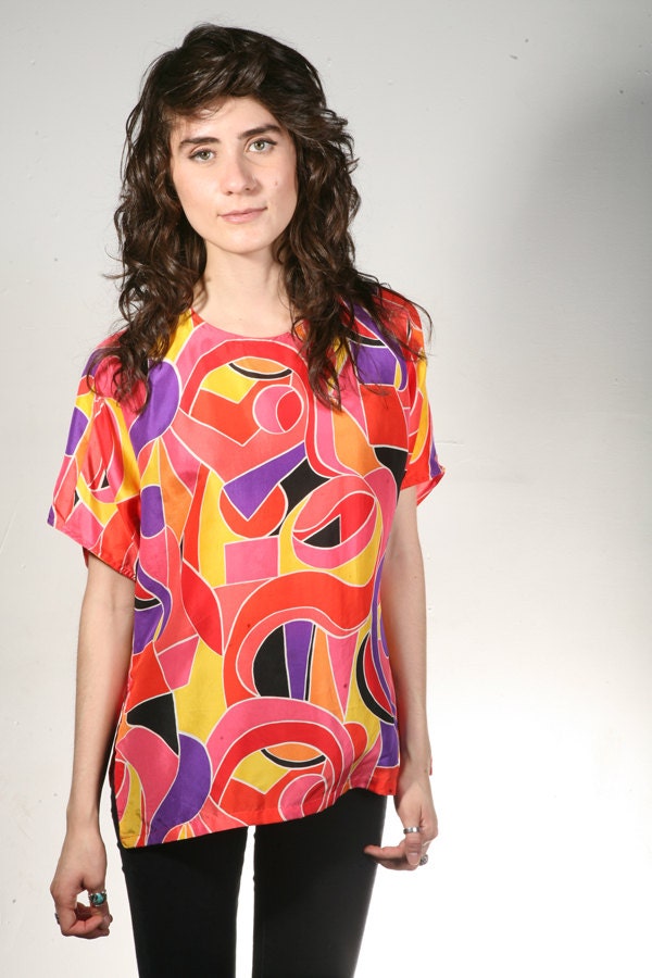 90s SILK watercolor baroque COLOR BLOCK oversize blouse shirt