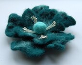 Felted flower brooch, wet felted wool, seagreen and turquoise