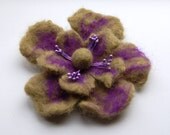 Felted flower brooch, wet felted wool flower, sand with lila