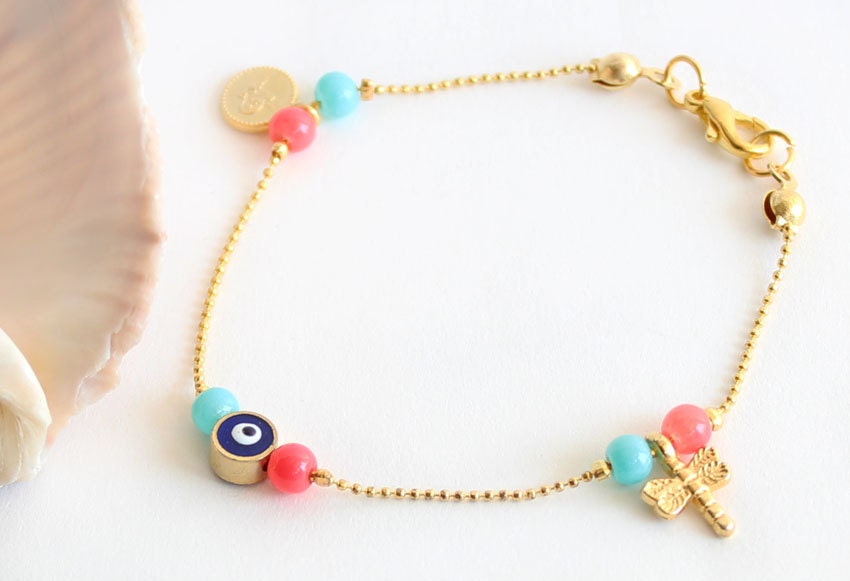 Bracelet with turquoise and pink beads chain evil eye dragonfly sultan's signature coin charm bracelet istanbul ethnic arabic