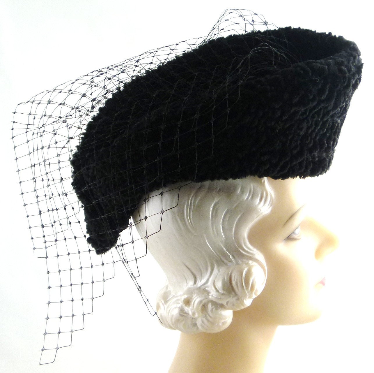 Reproduction Gypsy Rose Lee Black Boucle Curve Hat and Veil 1930s Hat - HatArtists