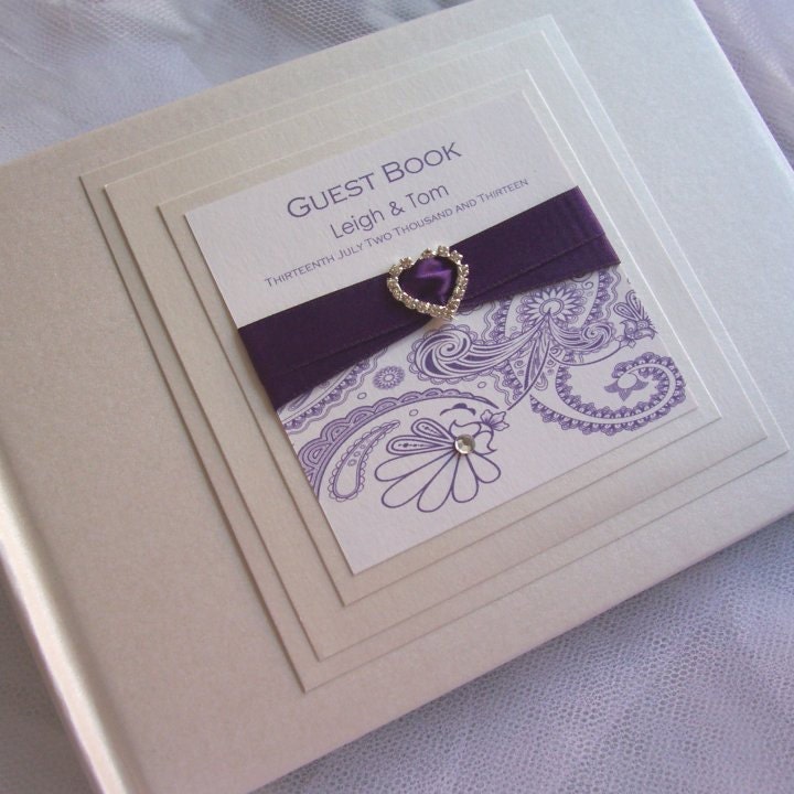Wedding Guest Book -  Silver Heart Buckle, Purple Satin Ribbon, Paisley & Diamante. Custom Made.
