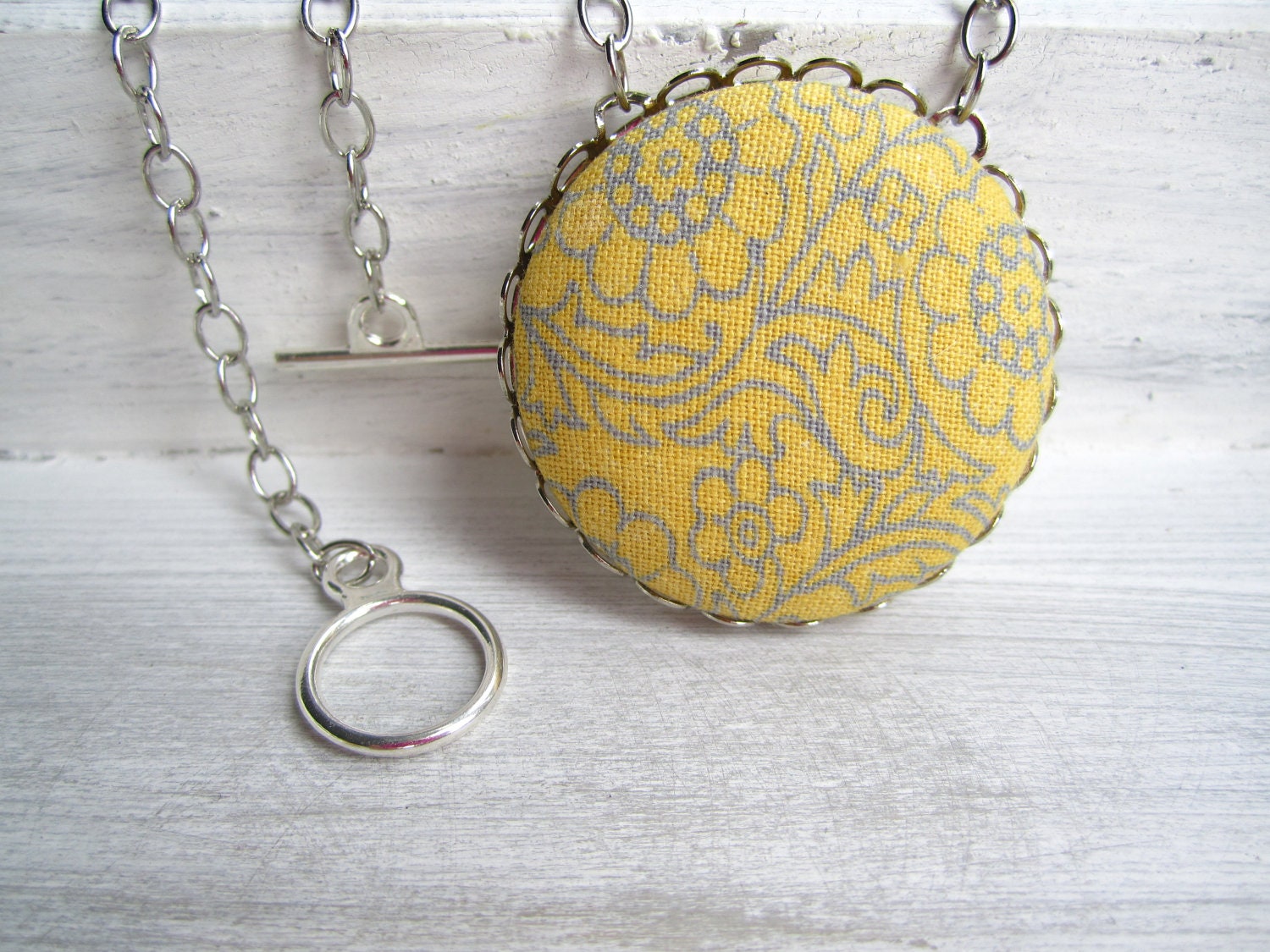 Gray and Yellow Pendant Necklace, Flower Necklace, Fabric Covered Button Necklace in Floral Print