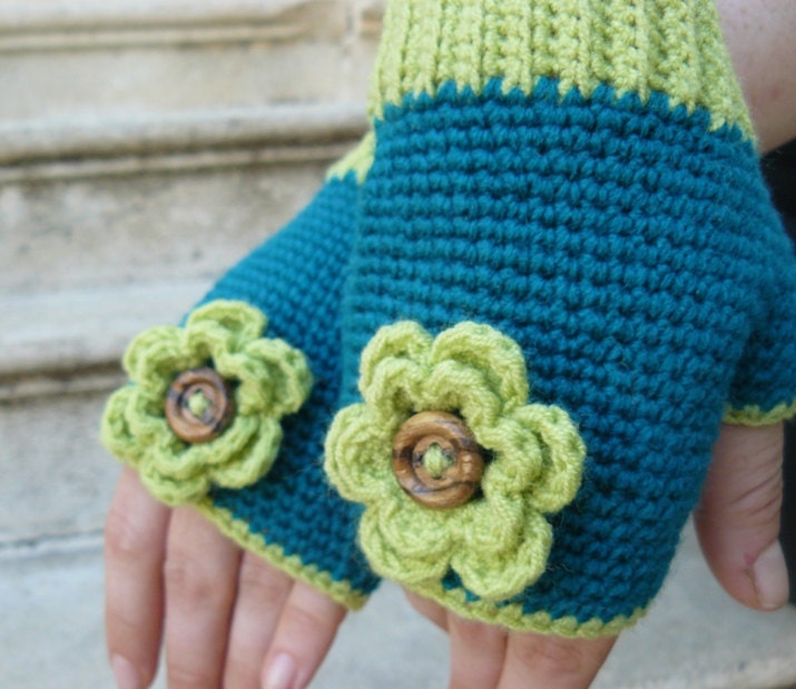 Crochet fingerless gloves, blue, green mittens, flower decoration gloves