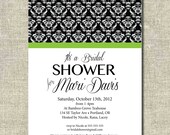 Black and White Damask with lime green: Printable Bridal Shower Invitation