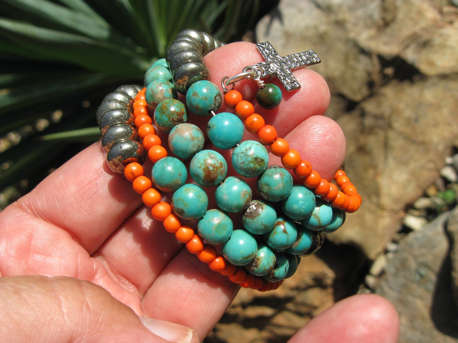 African Turquoise and Pyrite Memory Wire Wrap Bracelet