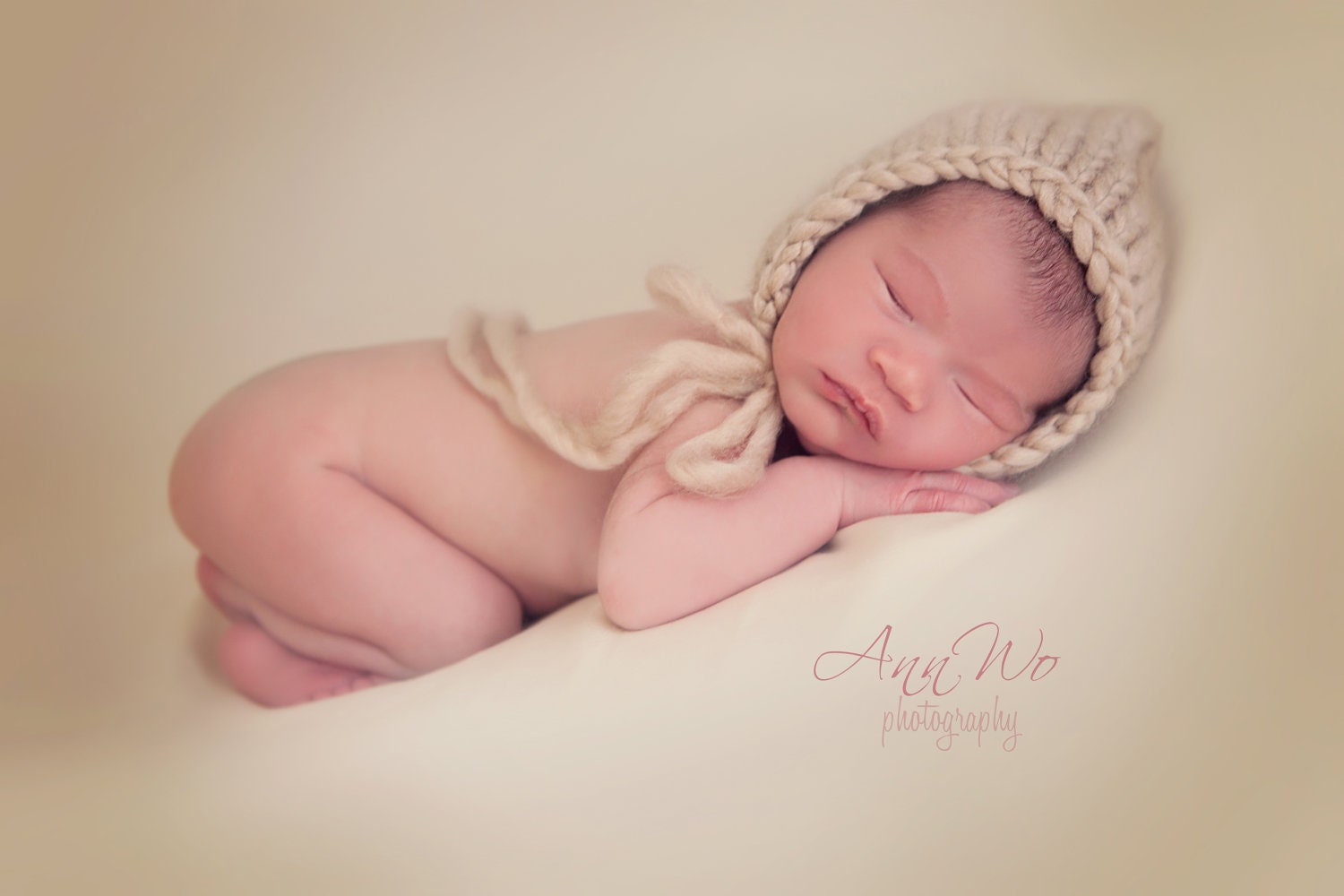 Beige Basic Pixie Hat  - One String Ties- Newborn Size