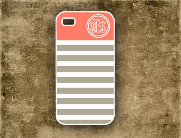 Chevron Iphone 4s cover, Iphone 4 case - Monogrammed chevron, dusty tangerine gray - personalized Iphone 5 cover, plastic or silicone (9877)