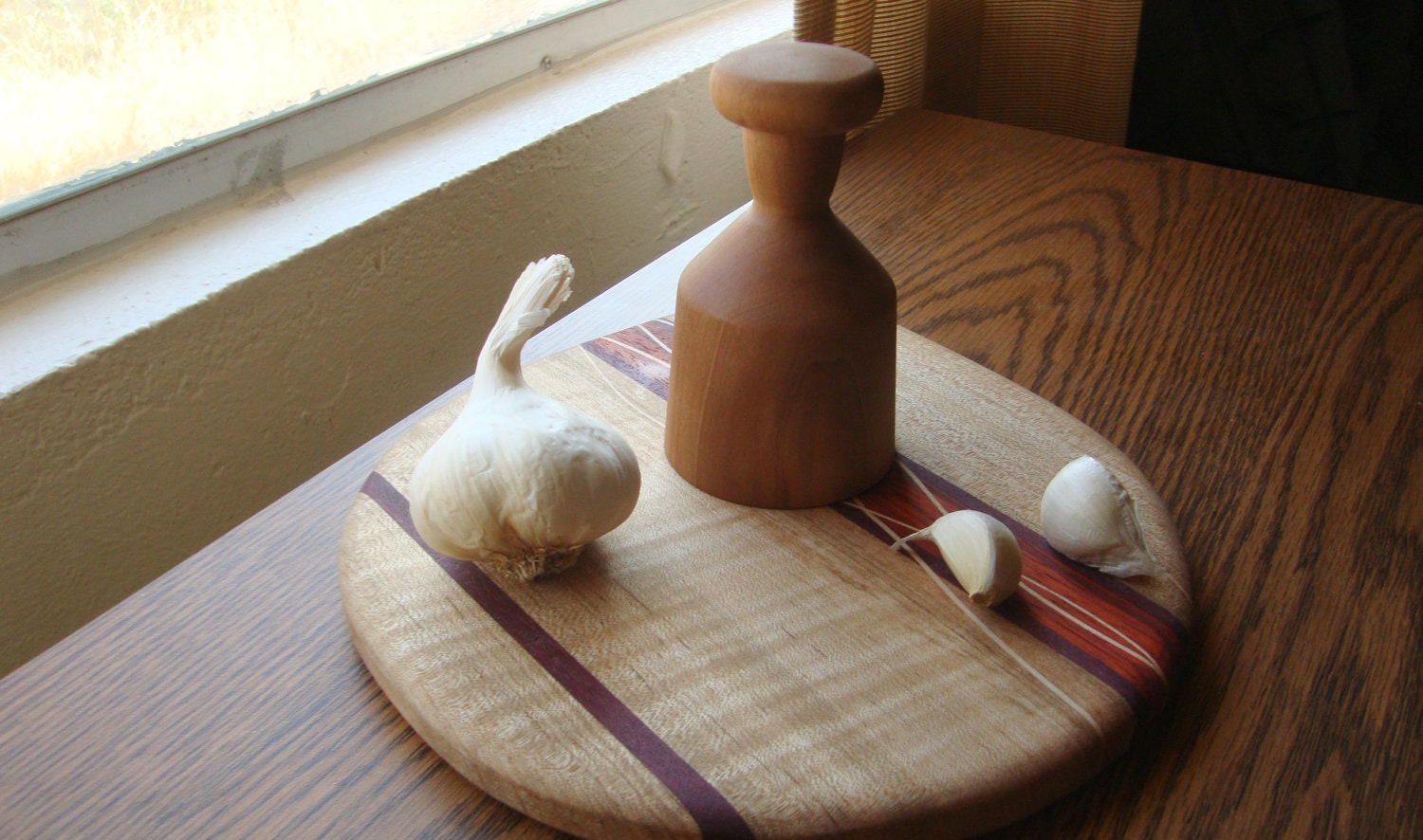 Small garlic Crusher - pear wood - handmade unique garlic press