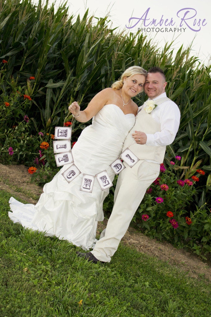 my ORIGINAL- HITCHED with Exclamation - Wedding-Sign / Garland / Banner- On WHITE Paper