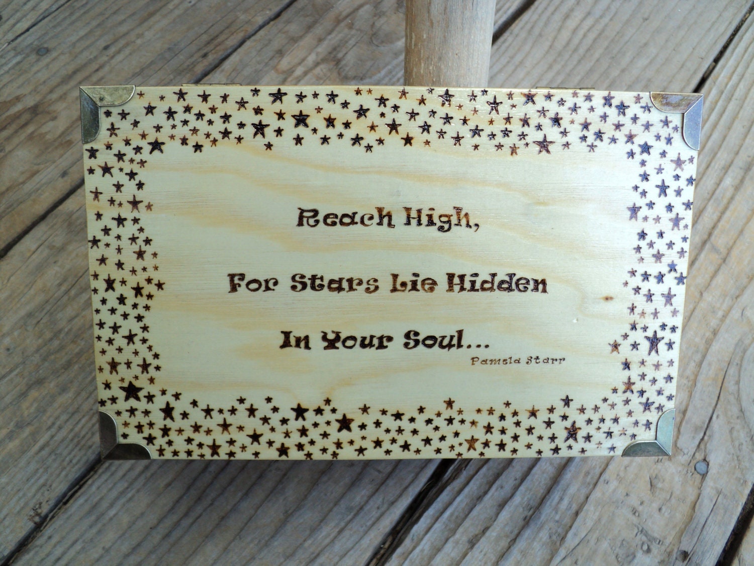 Wooden Woodburned Star Design Jewelry Box