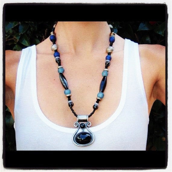 SALE Beaded blue necklace w/ black and silver pendant