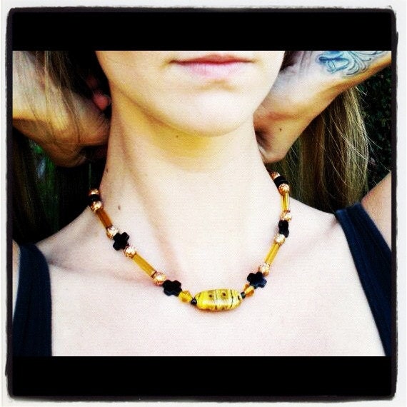 SALE Short beaded necklace with gold and black glass cross beads