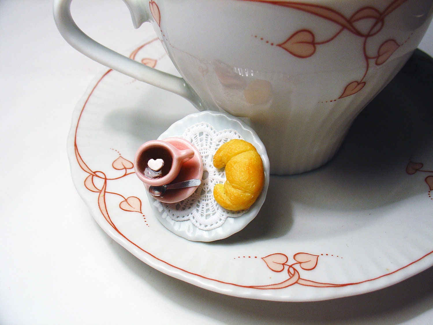 Hot Chocolate and Croissant Miniature Food Ring, Miniature Food Jewelry