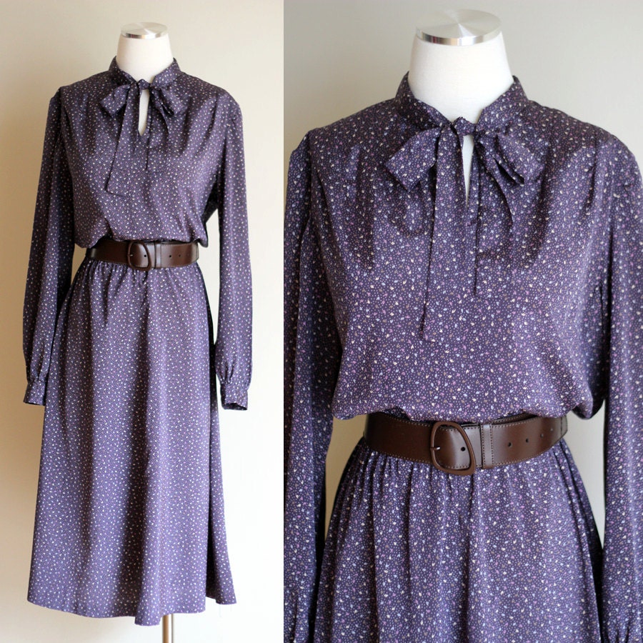 Vintage 1970s Purple Secretary Dress - Pussy Bow - Leaf & Polka Dot Pattern - Size Small / Medium