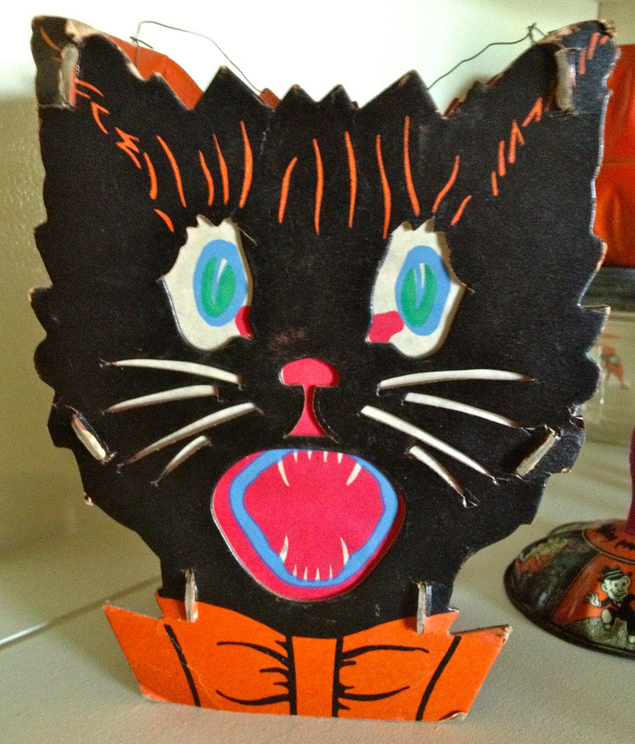 Vintage Halloween Double Sided Cardboard Cat Face Lantern with Bowtie USA 1940s Antique Collectible Decoration