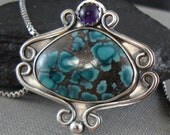 Blue Hubei Turquoise, Purple Amethyst and Sterling Silver Necklace on a Box Chain