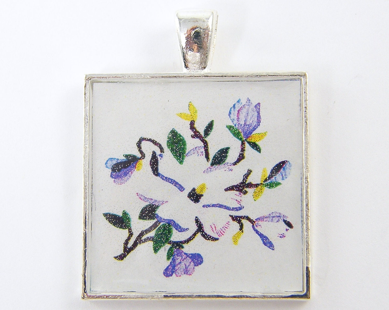 Quilting Pendant - Purple Green White Flower Silver Jewelry Charm