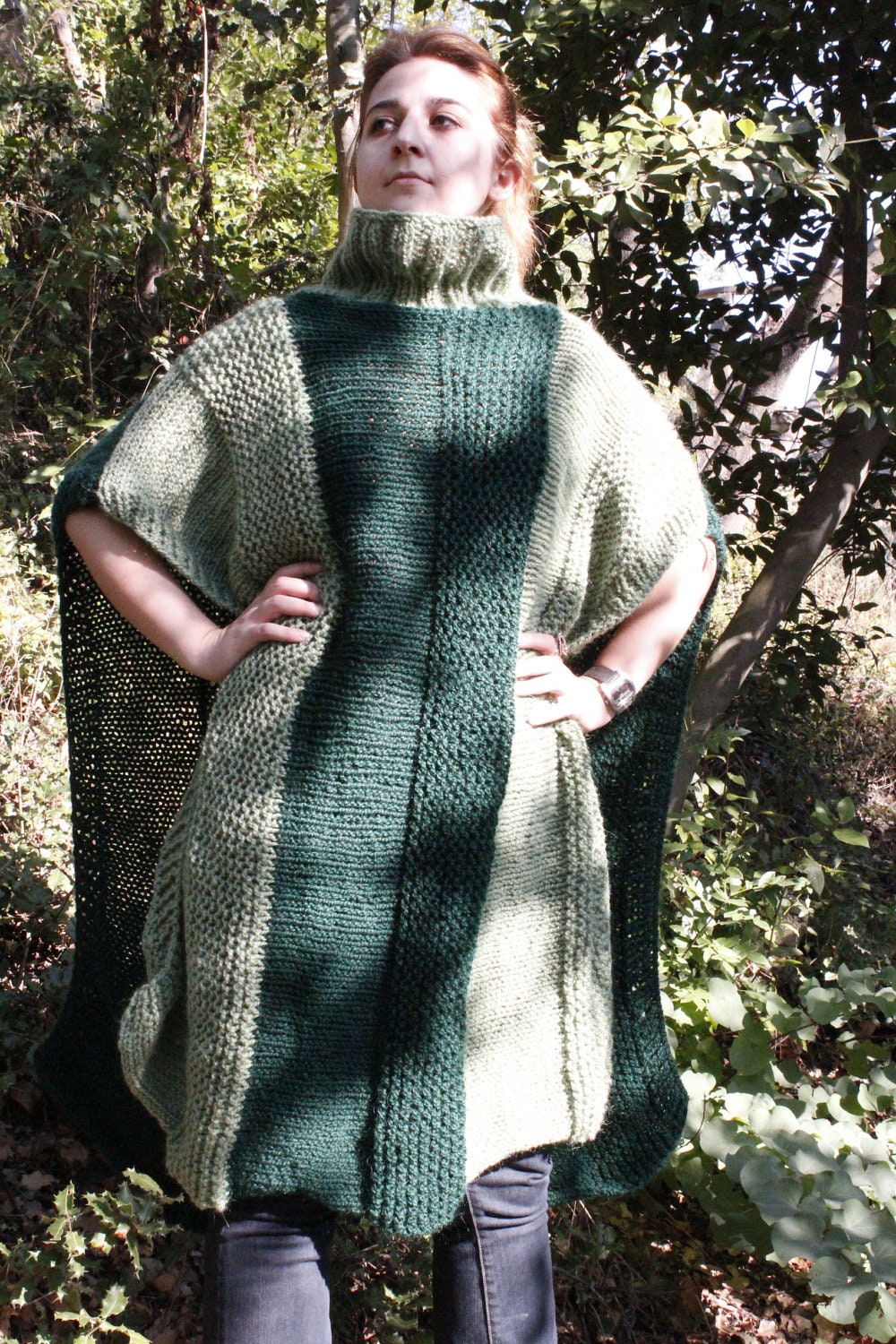 50% OFF- WAS 150USD-Knitted Dark Green Khaki Long Mohair Poncho by Arzu's Style