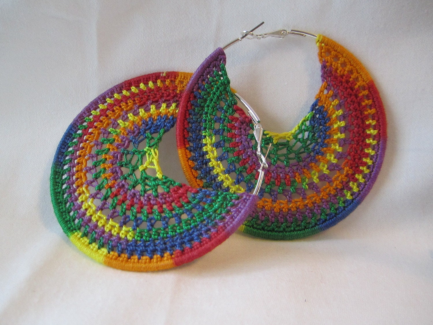 Crocheted Rainbow hoop earring