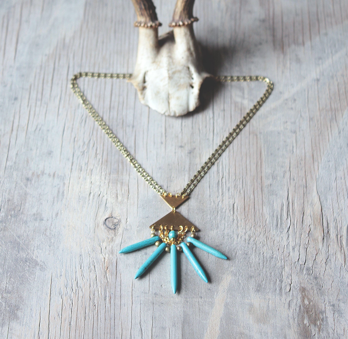 Brass and turquoise necklace "Isis" /// Handcrafted brass triangles