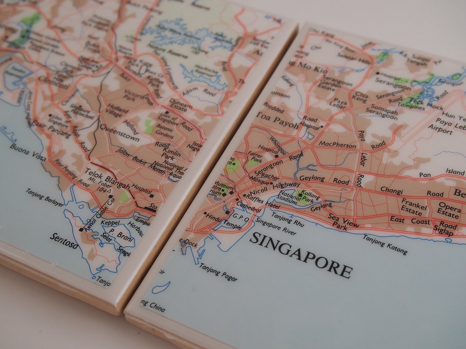 1992 Singapore Handmade Vintage Map Coasters - Ceramic Tile Coasters set of 2 - Repurposed 1990s Atlas - OOAK Drink Coasters