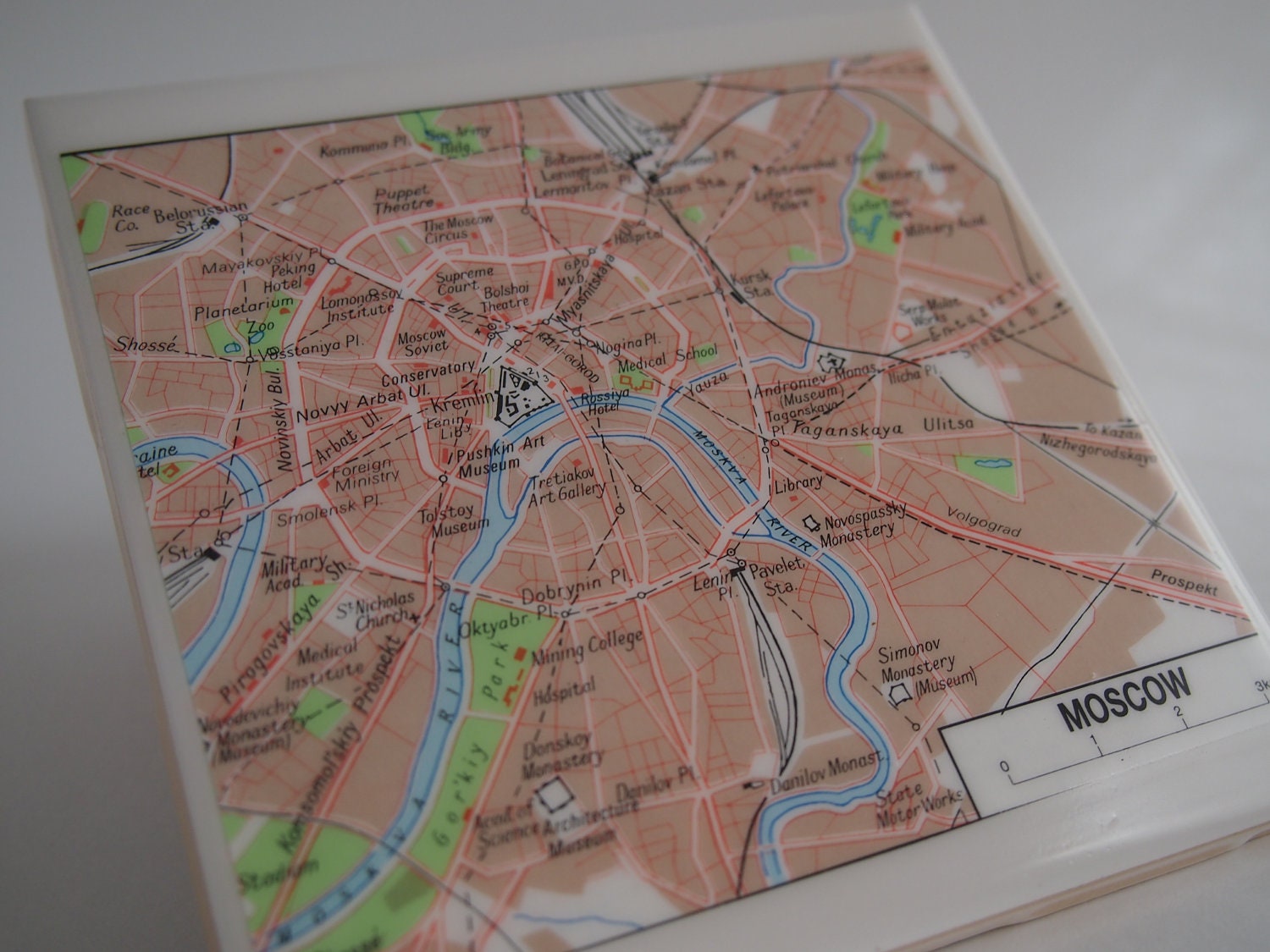 1992 Moscow Russia Handmade Vintage Map Coaster - Ceramic Tile Coaster - Repurposed 1990s Atlas - OOAK Drink Coasters
