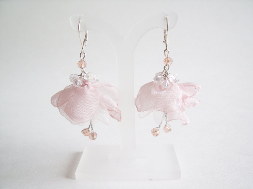 Soft Pink Petal Drop Earrings With Pink Crystal Accents - perfectpeacock