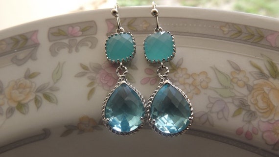Aqua Turquoise Earrings bridal-bridesmaid Silver Jewelry wedding teardrop bridal earrings- Free Shipping