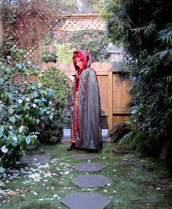 ON SALE Fairytale Reversible Red Velvet and Green Iridescent Cape / Cloak with Hood