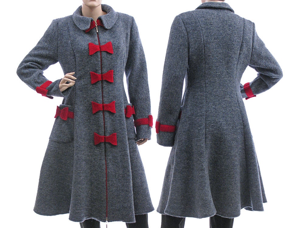 Wide swinging artsy boho coat, jacket boiled wool / for small or medium sized women / blue grey / Fall Winter / with bows