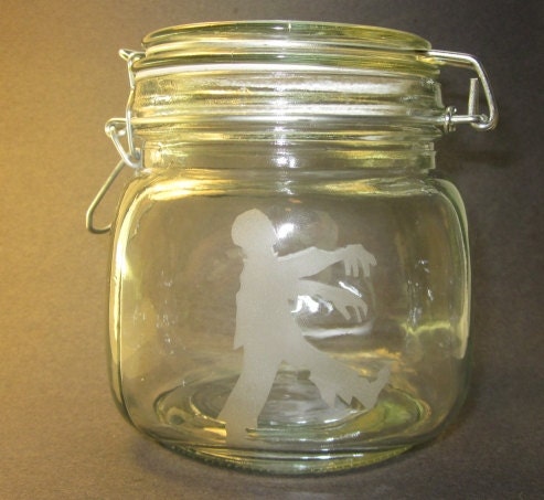 Zombie Mini Cookie Jar: Etched Glass Zombie Themed Jar For Kitchen or Bathroom