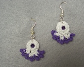 Small Purple and White Crocheted Earrings with Purple Swarovski Crystals