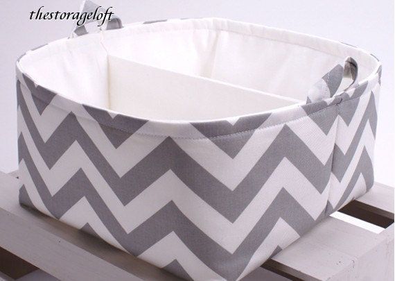 LG 10"x10"x6" Diaper Caddy - Storage Bin Basket Container Organizer - Gray White Chevron Zigzag Fabric