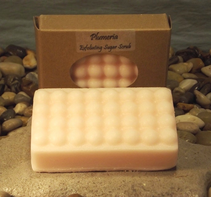 Plumeria Massaging Soapy Sugar Scrub Bar - Exfoliating. Moisturizing.  All natural handmade soap.