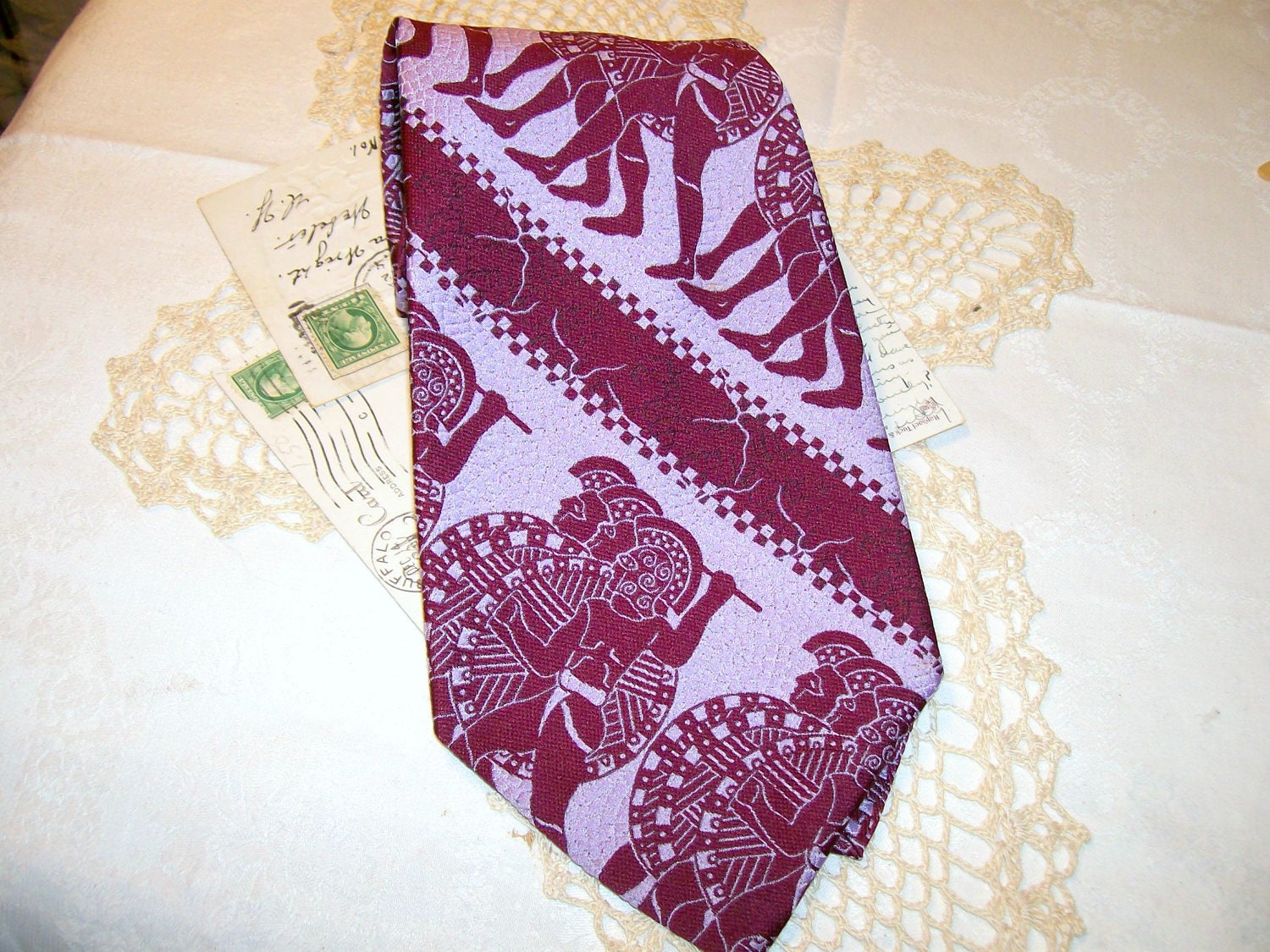 1970s Roman/Greek Warrior Necktie - Burgundy Lavendar Graphic Pattern - Wide Width
