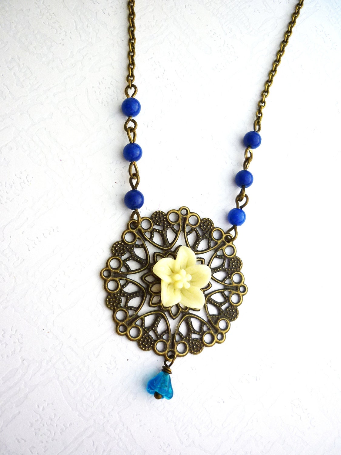 Yellow & Blue Lace Wedding Necklace, Doiley Jewelry, Vanilla Flower, Bridesmaid Gift, Country Rustic Weddings, Free shipping EU, US, CAN