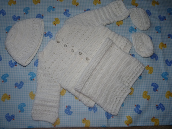 Baby boy christening outfit hand crocheted white jacket, pants, hat & booties