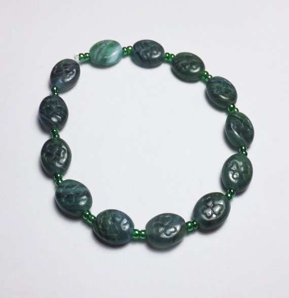 Shamrock Pressed Green Glass Beadwork Stretch Bracelet