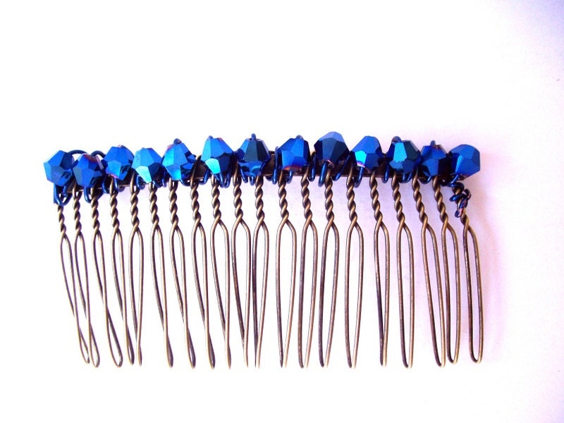 Bronze Hair Comb Wire-Wrapped with Blue Crystals, Blue Wire