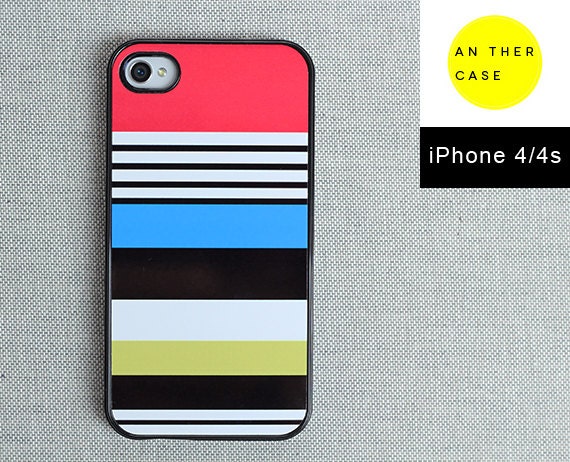 iPhone 4 case, iPhone 4s case - colourful stripes (red, blue, honeydew green, black and white)