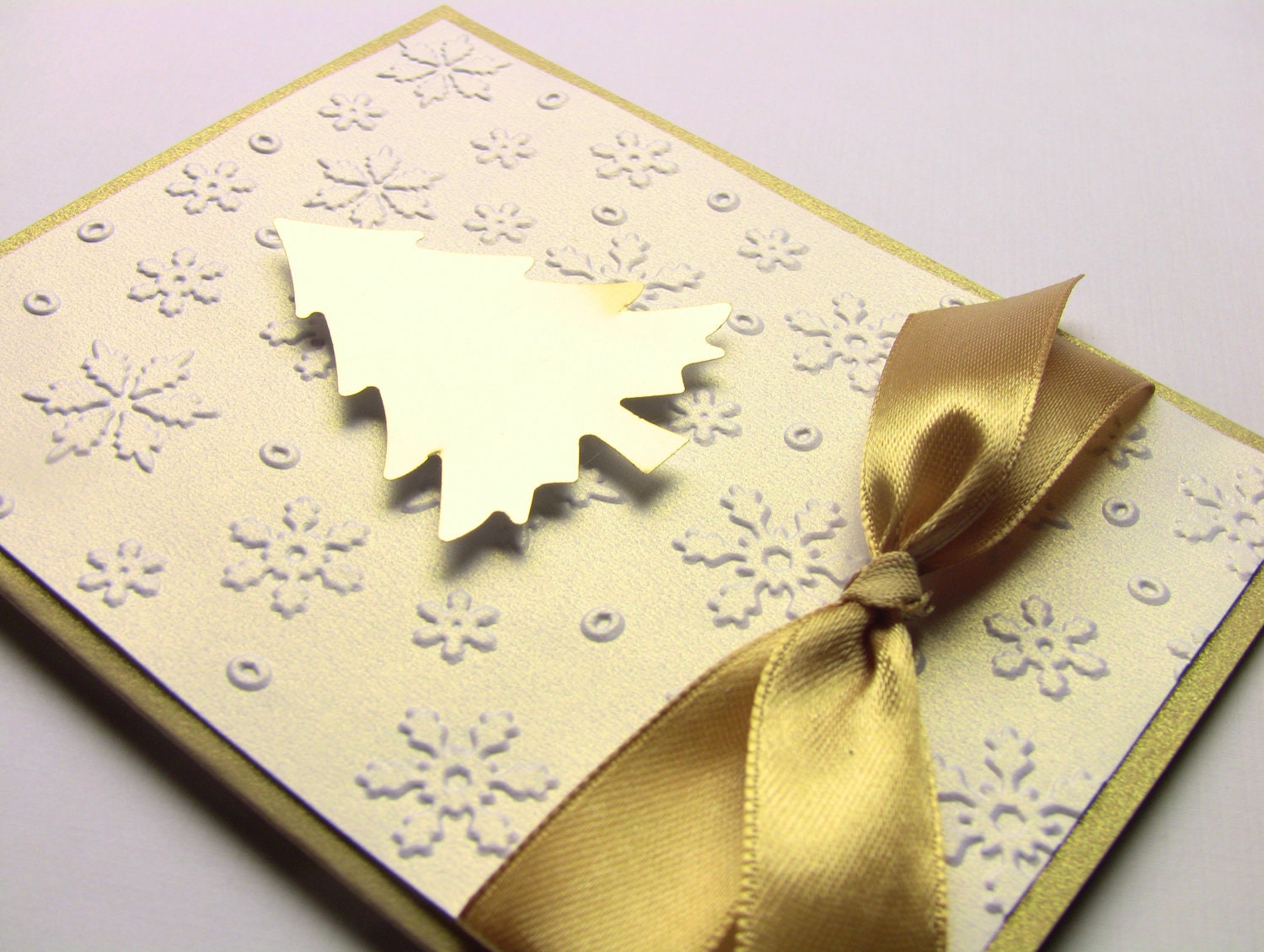 4 Handmade 3-D Christmas Cards, Golden Christmas Tree on Snow White Snowflakes