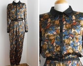 Handmade Stylish Jumpsuit made with Vintage Fabric / Spanish Style / Floral Printed / Contrast Black seams / Vintage Clothing / Size M
