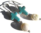 Dangle Earrings - Turquoise Howlite Dipped Silver Crosses and Pearls