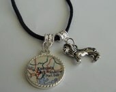 Lion Pendant Necklace World Map of Any Location Silver or Black Suede Chain