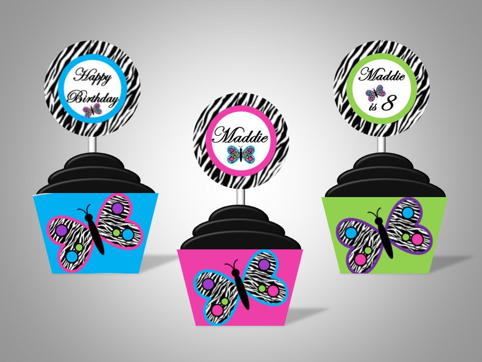 Butterflies and Zebra Print Cupcake Wrappers & Toppers - Personalized With Name and Age - DIY Printable Party Decorations
